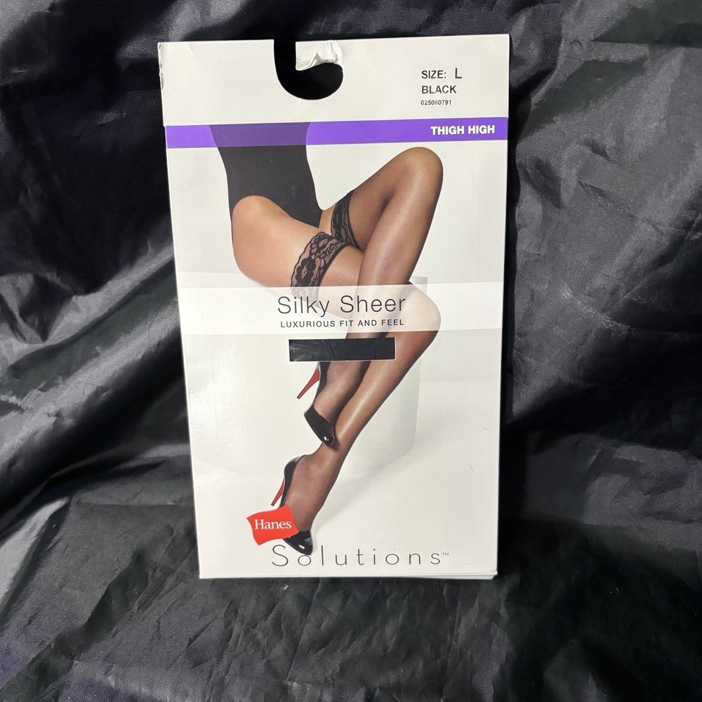 SEXY STAY UP LACE TOP Hanes Silky Sheer Thigh Highs Black Size L
